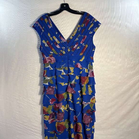 Floral Tiered Blue Sleeveless V-Neck Maxi Dress With Ruffled Layers & Multicolor - Picture 4 of 13